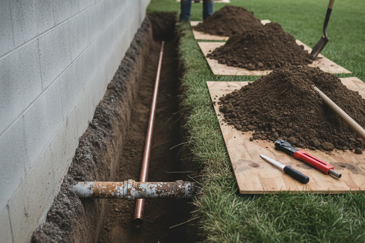 Excavated water line trench during Water Softener Installation in Woodlawn